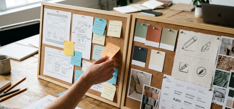 Small business owner comparing website design and brand identity priorities