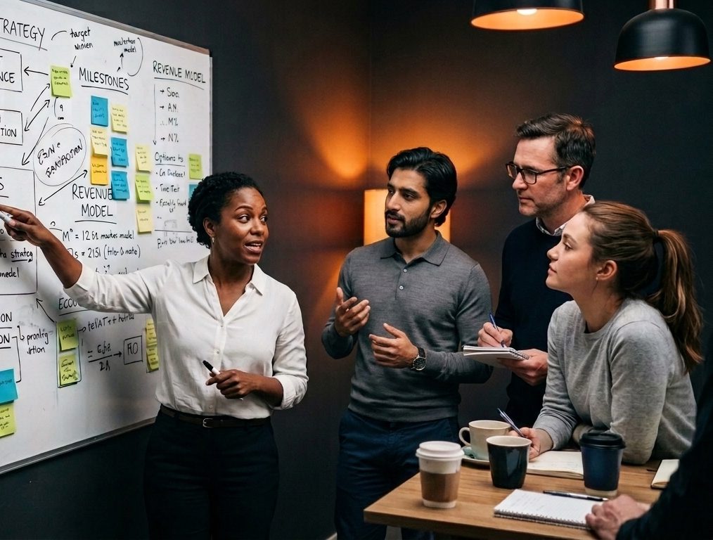 Team mapping out a long-term growth strategy on a whiteboard