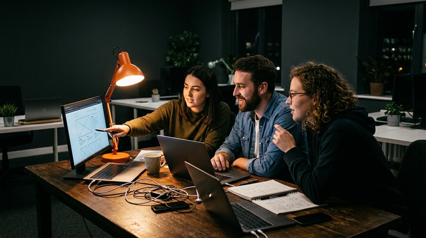 Small team collaborating on a website project in a dark modern office